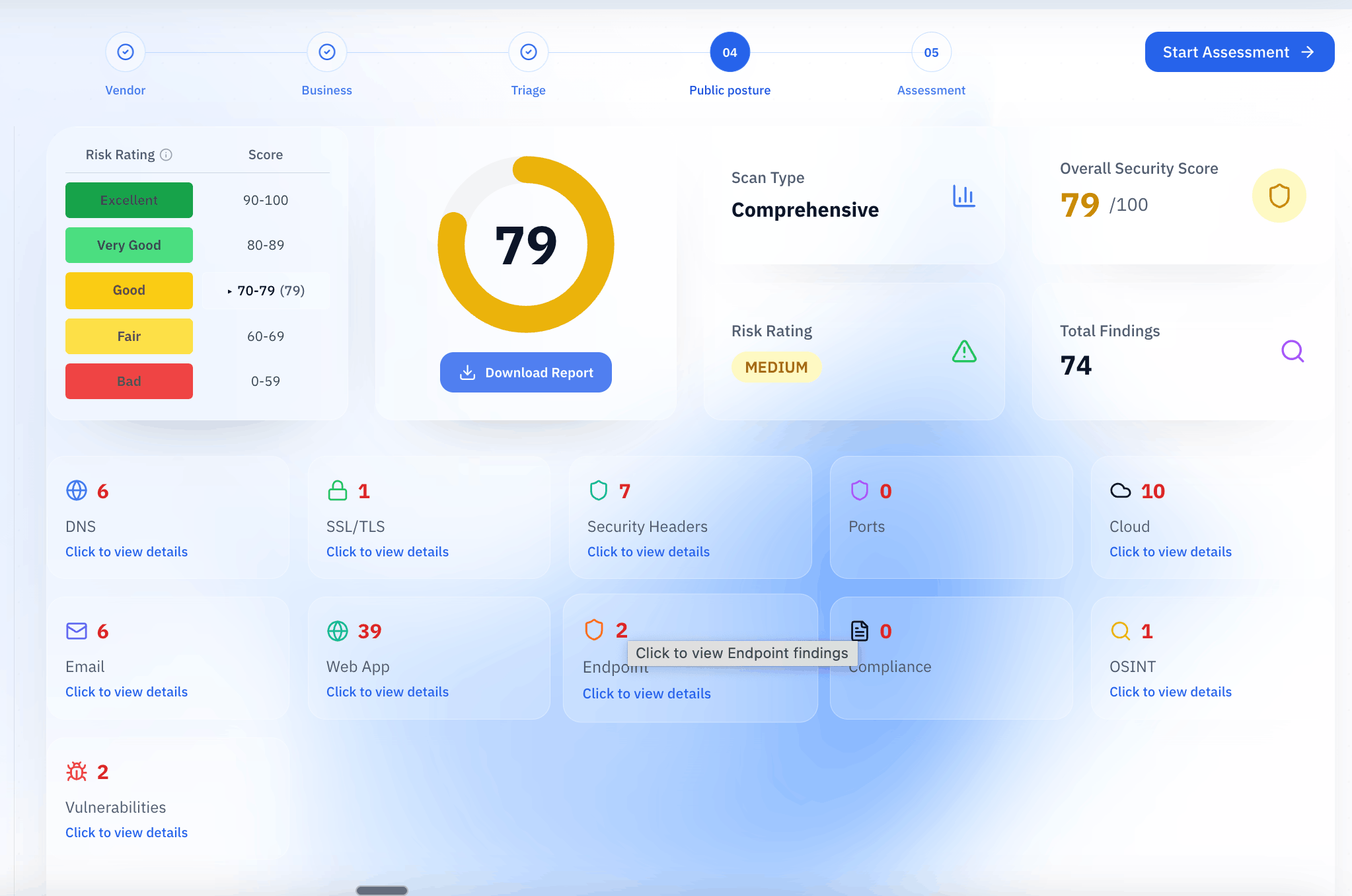 CheckFirst public posture assessment dashboard showing risk rating, security score, and grouped findings